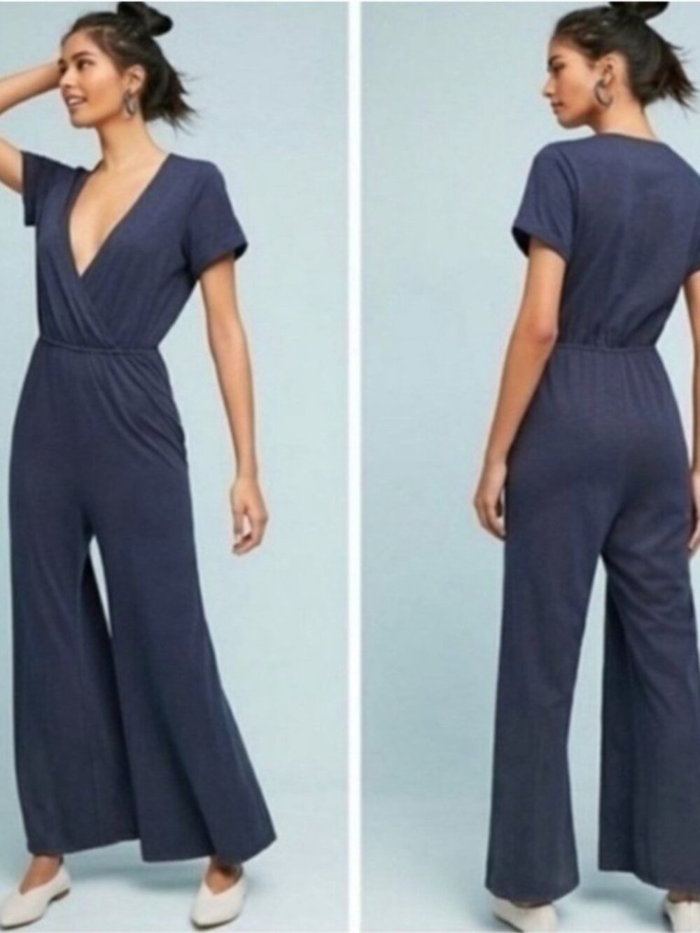 Anthropologie Blue Surplice V-Neck Wide Leg Maxi Jumpsuit